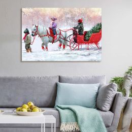 Framed Canvas Wall Art Decor Painting For Chrismas, White Horse with Sledge Chrismas Gift Painting For Chrismas Gift
