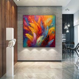 Handmade Oil Painting Original Colorful Oil Painting On Canvas Large Wall Art Abstract Colorful Feathers Painting Custom Painting Living room Home Wal (Style: 01, size: 90x90cm)