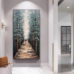 Hand painted Couples painting Couples Walking on a forest path Spiritual Art Landscape oil painting on canvas Tree art palette knife art (Style: 01, size: 75x150cm)