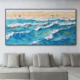 Hand Painted Decor Blue Ocean Canvas Waves Art Painting Pleasure Coast Landscape Art Living Room Decor Abstract Nature Landscape Oil Painting (Style: 01, size: 80x160cm)