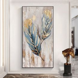 Hand Painted Original Animal Feather Oil Painting On Canvas Abstract Blue And Gold Feather Canvas Wall Art Modern Minimalist Artwork For Living Room (Style: 01, size: 120x240cm)