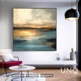 Handmade Oil Painting Luxury Golden Seascape Artwork For Bedroom Original Handmade Abstract Painting On Canvas Modern Home Decor Art Gold Sunrise Land (Style: 01, size: 120x120cm)