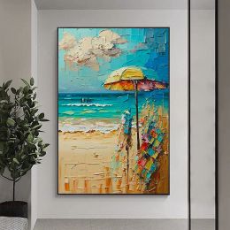 Handmade Oil Painting Abstract Beach Canvas Painting Large Original Sunshine Ocean Coast Seascape Oil Painting Wall Art Modern Blue Beige Living Room (Style: 01, size: 50x70cm)
