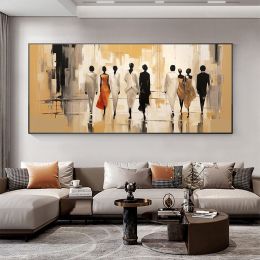 Hand Painted Abstract Walking People Oil Painting On Canvas Large Wall Art Original Golden Modern Wall Art Living Room Wall Decor Retro Wall Art Gift (Style: 01, size: 140x280cm)