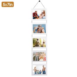 Wall Hanging Picture Collage Frame Wall Decor Without Mat Rustic Style Wood Photo Frame Display (Color: White, Type: 5 Opening)